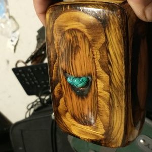 Wooden hand craft jewelry box with turquoise real rock
